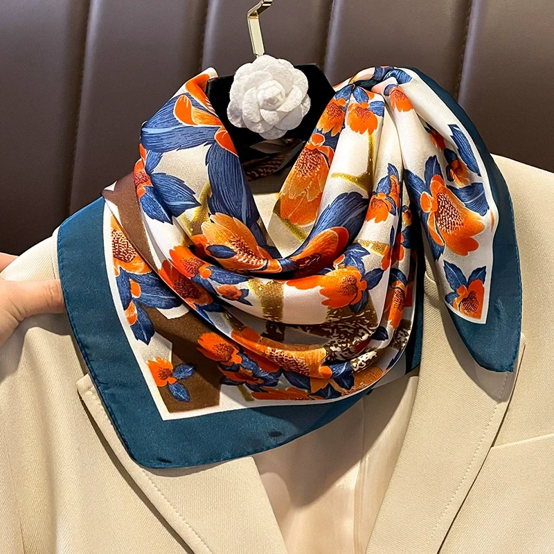  - 2023 Fashion 70X70CM Dustproof Kerchief Autumn New Lattice Square Towel Popular Print Silk Scarves Female Luxury Sunscreen Shawl