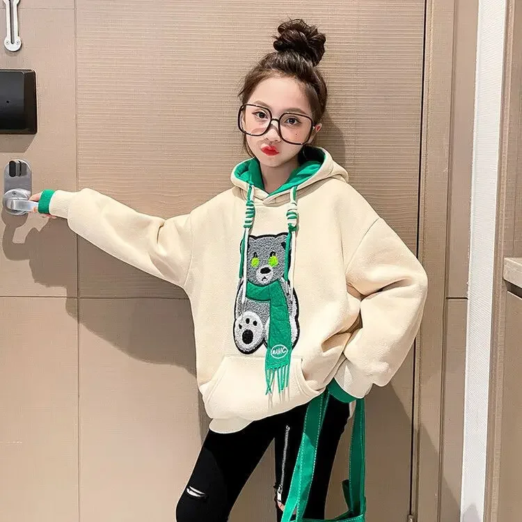 

Girls Fleece-lined Thickened Hooded Children Loose-Fitting Fashion Cartoon Autumn Winter Casual All-Matching Fashion Sweatshirts