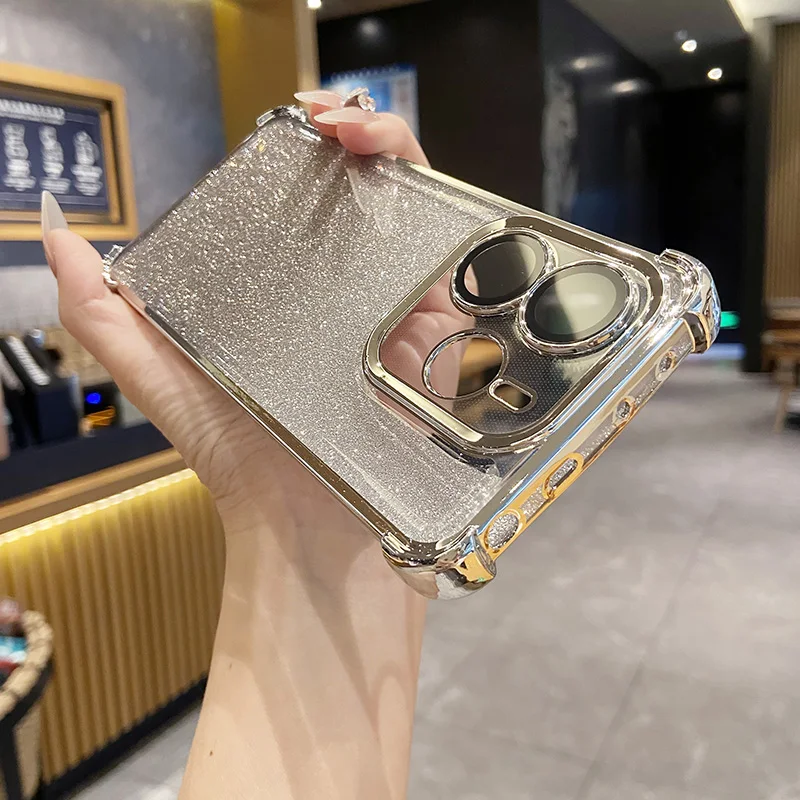 Glitter Air Bag Plating Shockproof Soft Case with Full Lens Protection Back Cover