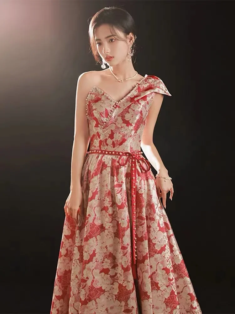 

Elegant V-Neck Printing Evening Dresses A-Line One Shoulder Square Collar Pearls Slim Tea-Length Party Banquet Bridesmaid Gowns