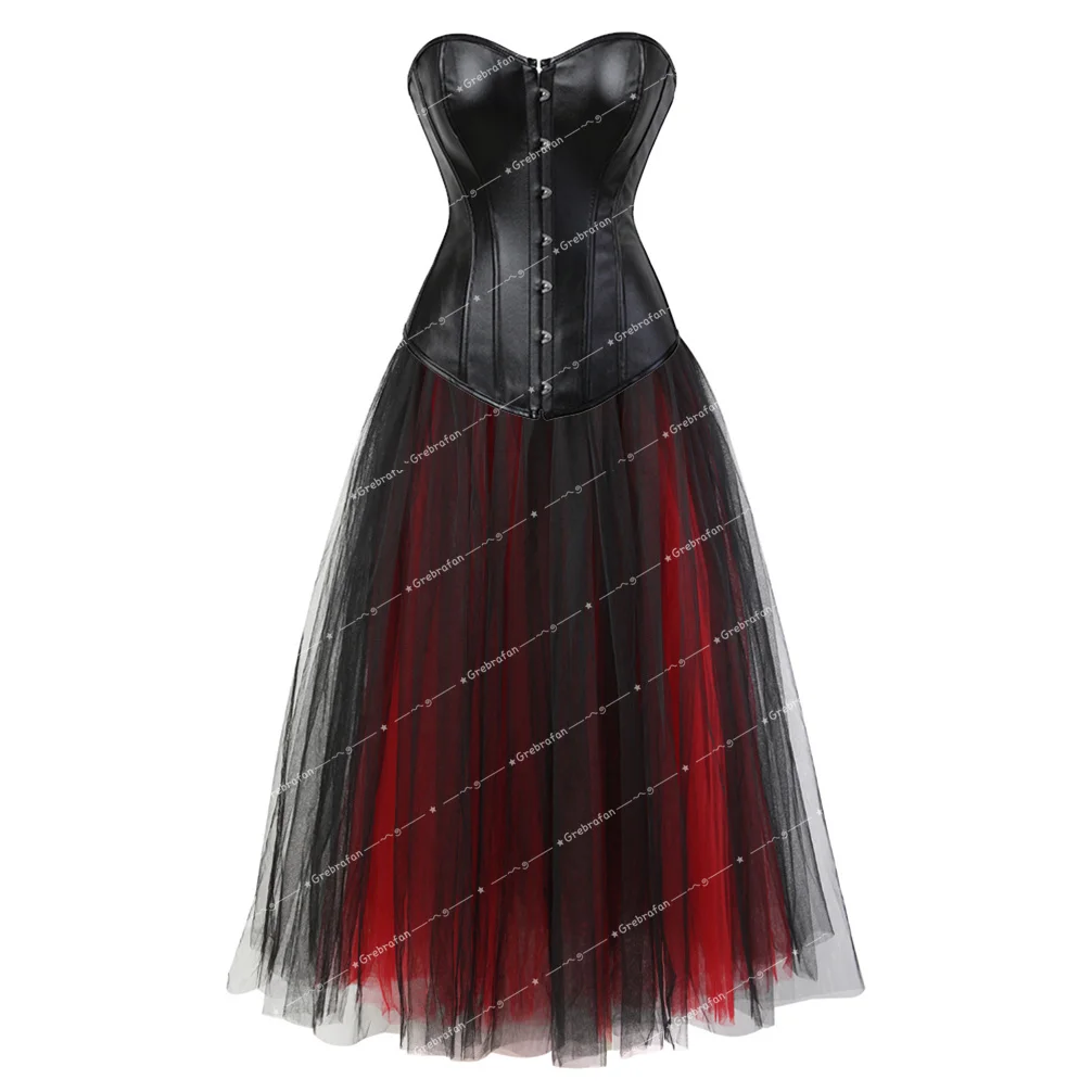 

Leather Corset Dress Vintage Lace Up Bustiers Corsage with Long Tulle Skirt Evening Party Costume Goth Outfits Plus Size