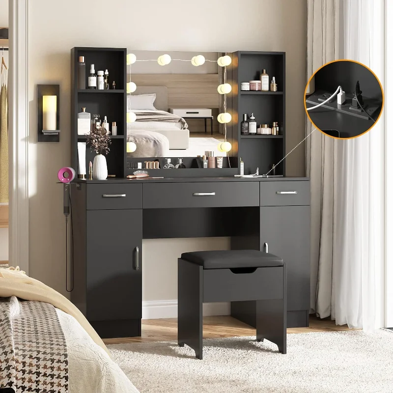 

Vabches Makeup Vanity Table with Lighted Mirror & Power Strip, Large Set Desk Lots Storage, 3 Lighting Modes,
