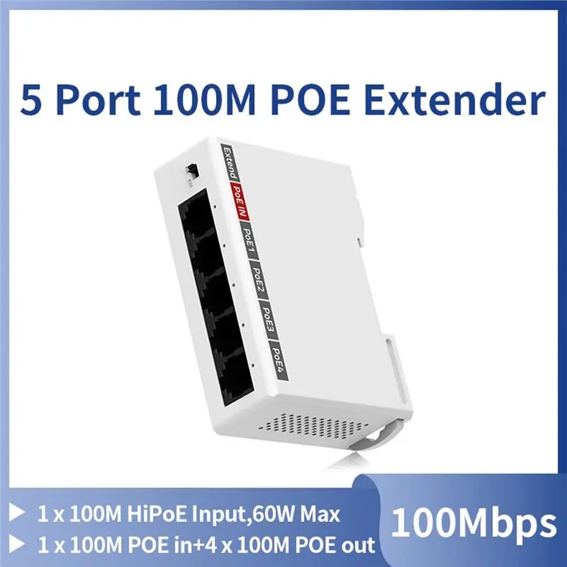 새로운 제품-48V Poe 스위치 NVR IP 카메라 AP 100M 5 포트 POE 익스텐더 DIN 레일 60W 입력 리피터 IEEE802.3Af/At 플러그 앤 플레이