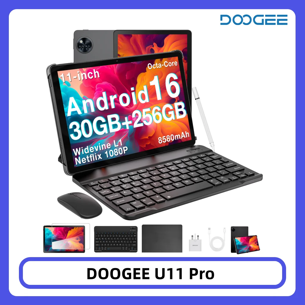 DOOGEE U11 Pro Tablet 30GB 256GB 11" HD 90Hz Display 8580mAh Battery Unisoc T7200 octa-core 13MP+5MP Widevine L1 Android 16