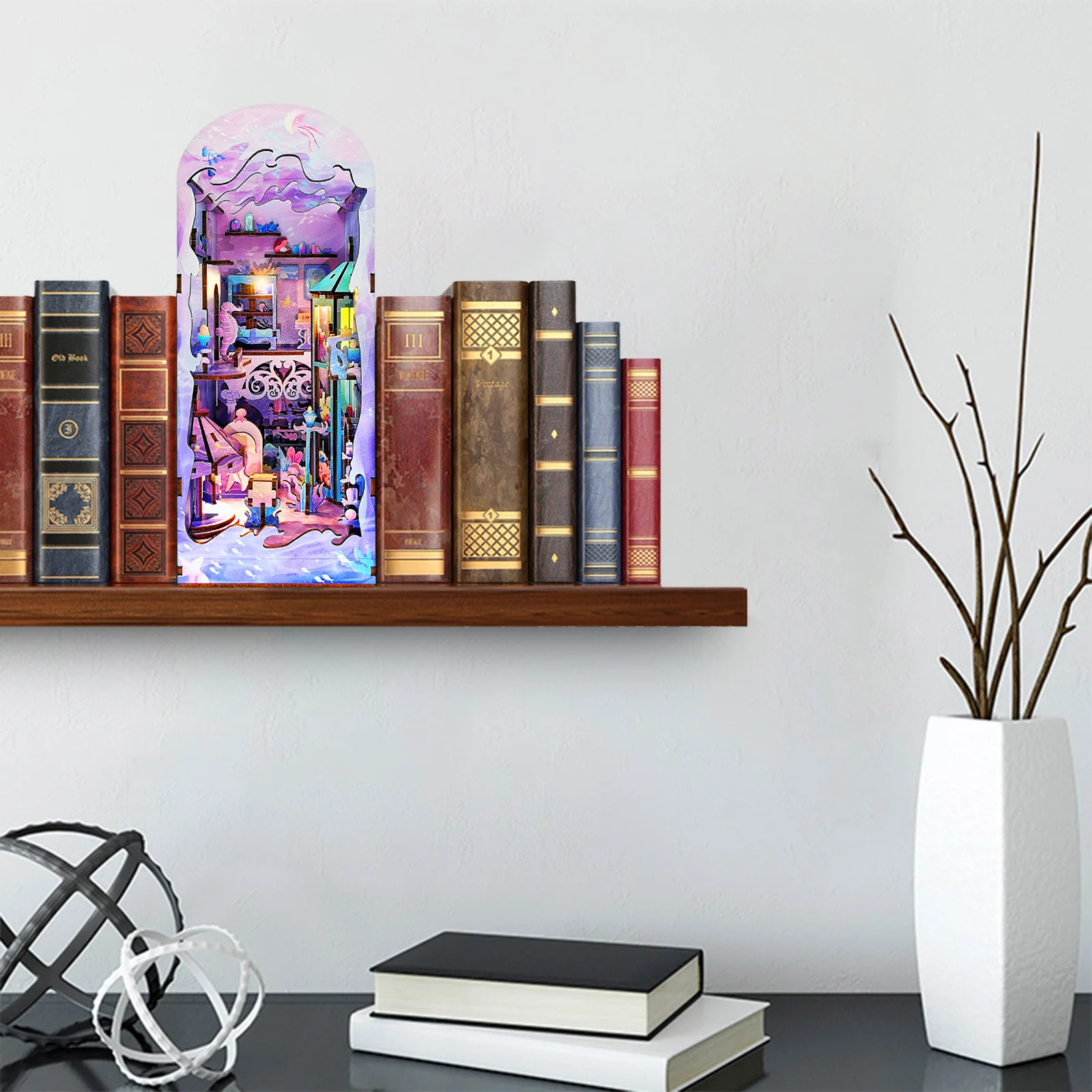 

DIY Book Nook Kit 3D Wooden Puzzle Bookshelf Insert Decor with LED Light DIY Miniature Dollhouse Model Kit Creative Educational