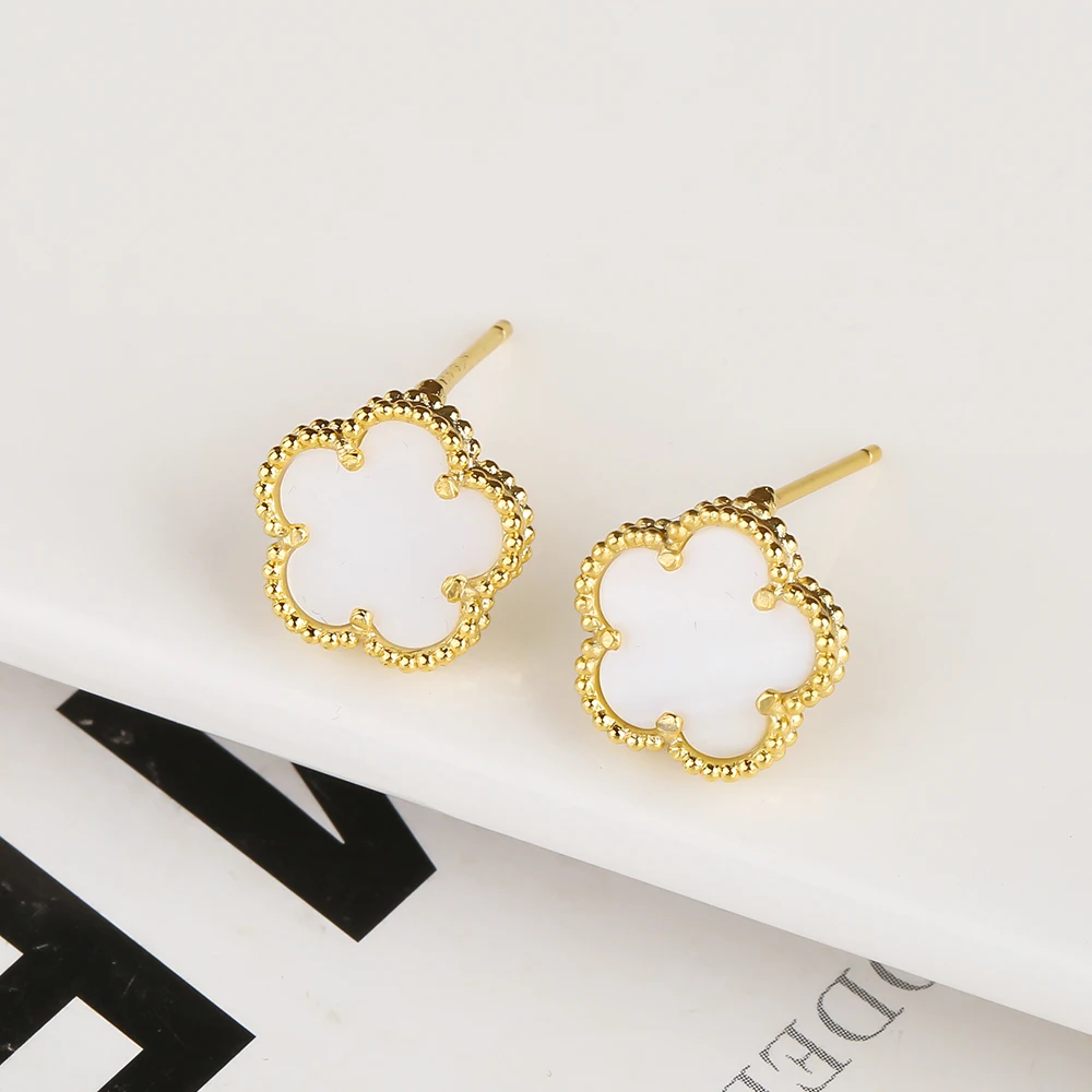 9-Color Hot Selling Natural Stone Plant Five Leaf Flower Petal Earrings For Women 18K Gold Plated High Quality Clover