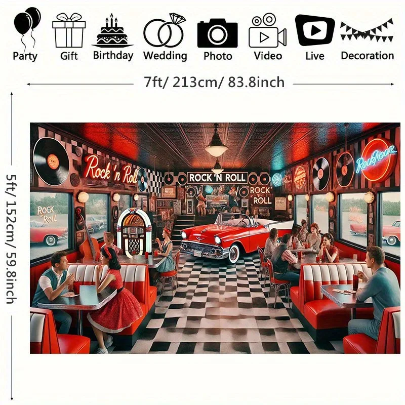 1 Stück 2D-Flachbanner mit Retro-Restaurant- und rotem Auto-Motiv aus der Rock-Ära, Partybanner aus Polyesterfaser – Detail 3