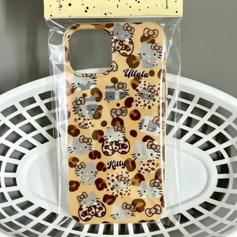 Sanrio-funda de teléfono con estampado de leopardo para iPhone, carcasa Kawaii con dibujos animados de Hello Kitty para iPhone 15, 14, 13, 12, 11 Pro Max, X, XR, XS MAX, 7, 8 Plus, Mini Y2k