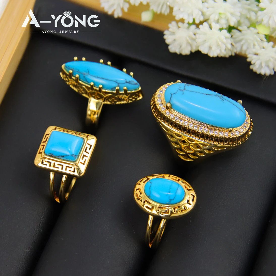 Luxus Türkis vergoldete Ringe 21 Karat Gold Farbe Saudi Mode großen Ring Dubai Frauen Hochzeits feier Vintage Schmuck