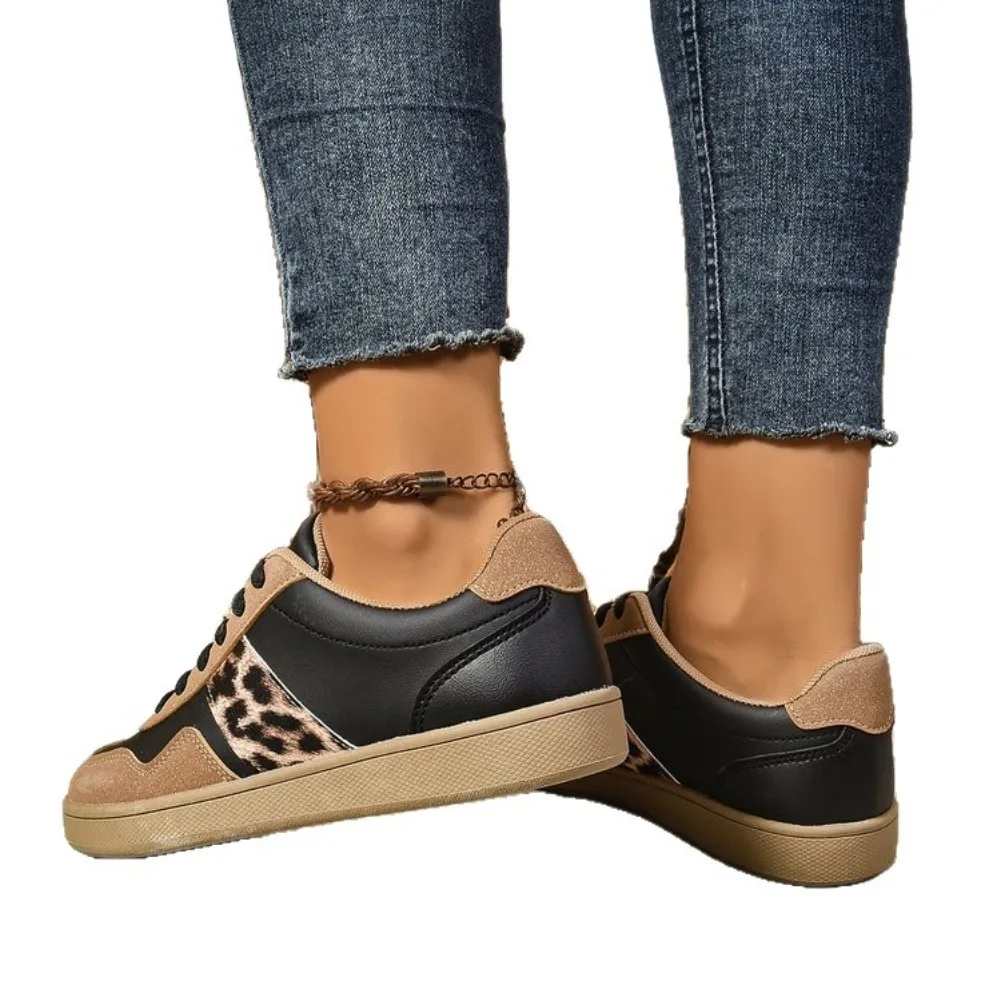 Retro Leopard Print Women's Deqin Shoes Handmade round Toe Large Size Matching Lace-Up Board Shoes Autumn Seasonal Casual Footwe