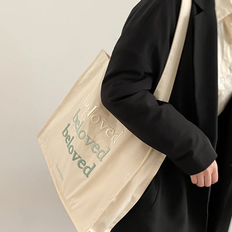 Women Canvas Shoulder Bag Beloved Embroidery Daily Shopping Bags Students Books Bag Thick Cotton Cloth Handbags Tote For Girls shoulder bag canvas tote bag