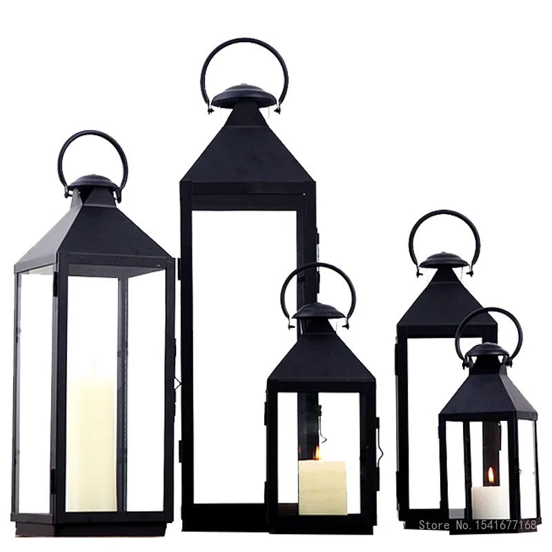 Nordic Outdoor Glass Windproof Candlestick, Wrought Iron, Floor Wind Lamp, Simple Shooting Props, Retro Garden Decor, 1Pc