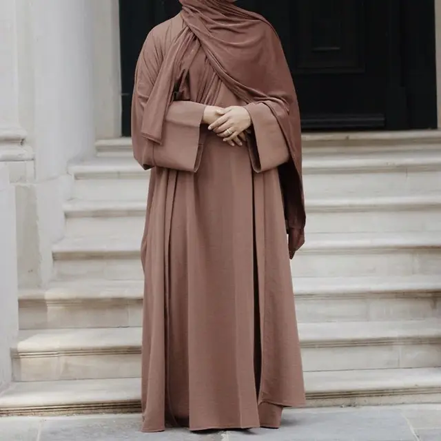  - Ramadan Robe Casual Solid Sleeveless Inner Dress with Belt and Long Cardigan Robe Muslim Sets Islamic Clothing Prayer Dress Set