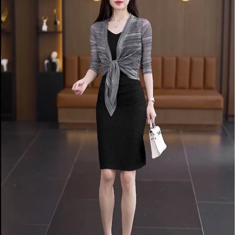 2024 Summer New Korean Ponchos Women's Simplicity Commuter Thin Striped Cardigan V-neck Half Sleeve Gauze Drawstring Slim Coats