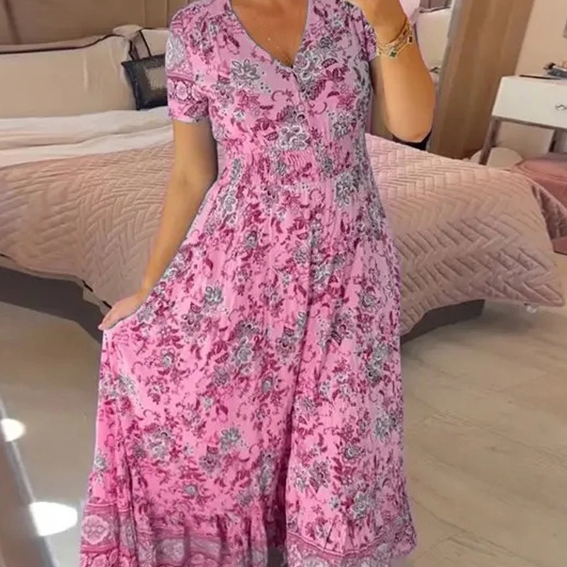 

Casual Pleated Bohemian Long Dress Fashion Floral Print Short Sleeved Dress New 2024 Women V-neck Button Pleated Commuting Dress