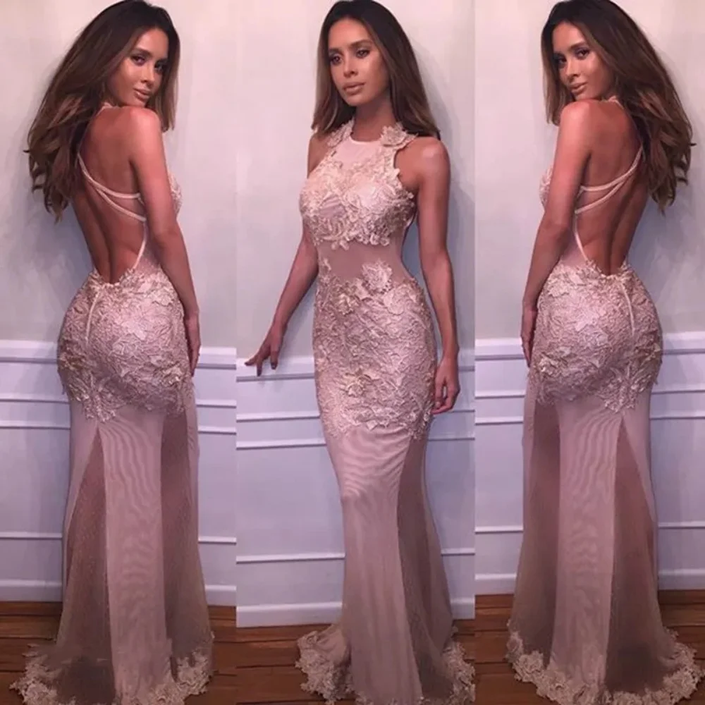 

New Arrival Prom Party Dress Sexy Halter Backless Lace Appliques Sliming Mermaid Formal Evening dresses For Women Floor-Length