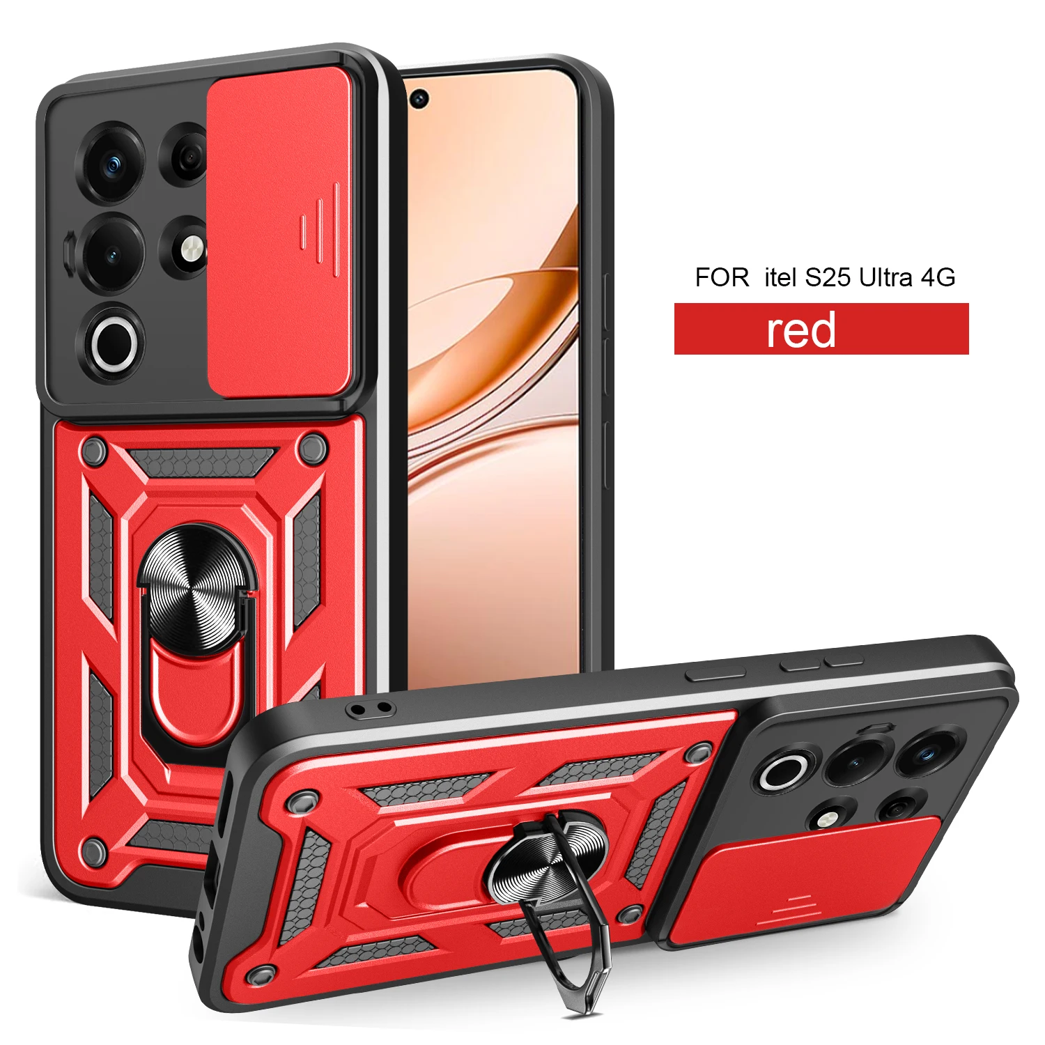 Itel Super 26 Ultra Magnetic Ring Holder Armor Phone Case with Slide Camera Protection
