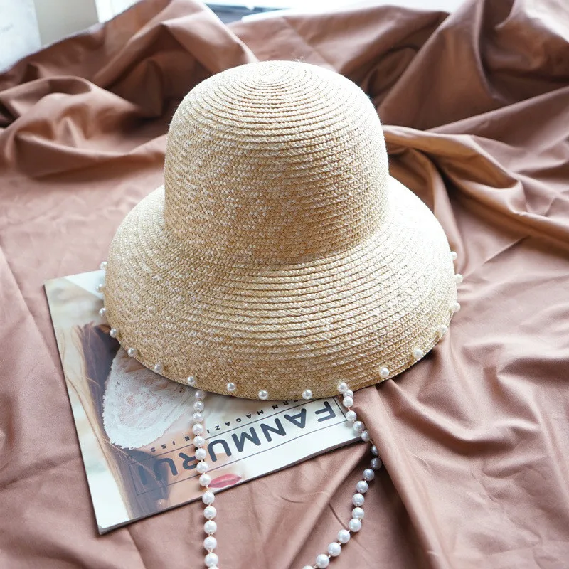 

202208-panshi dropshipping summer Lampshade shape Hepburn handmade straw pearl chain lady bucket cap women leisure fishermen hat