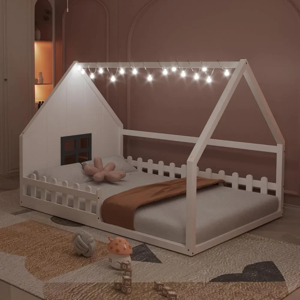 House Bed for Kids Full Montessori Floor Bed Wood Frame with Rails and Window, No Box Spring Needed, for Kids Teens Girls Boys 3
