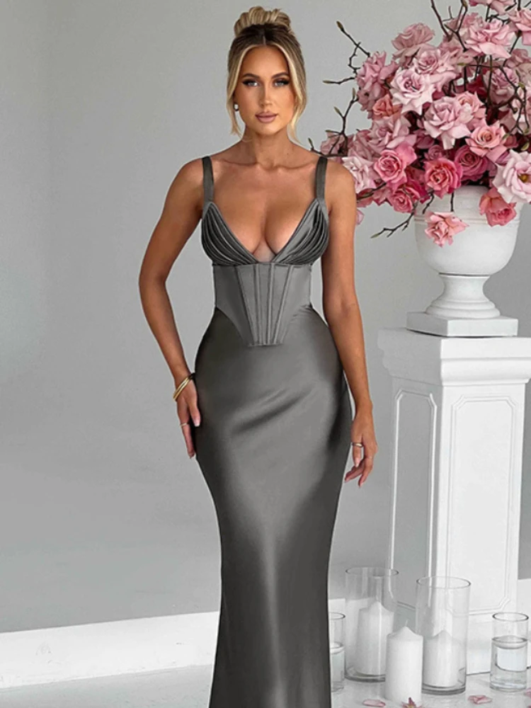 

Elegant Party Wedding Evening Maxi Dresses for Women 2023 Summer Deep V Sexy Bodycon Dress Female Streetwear Grey Satin Dress