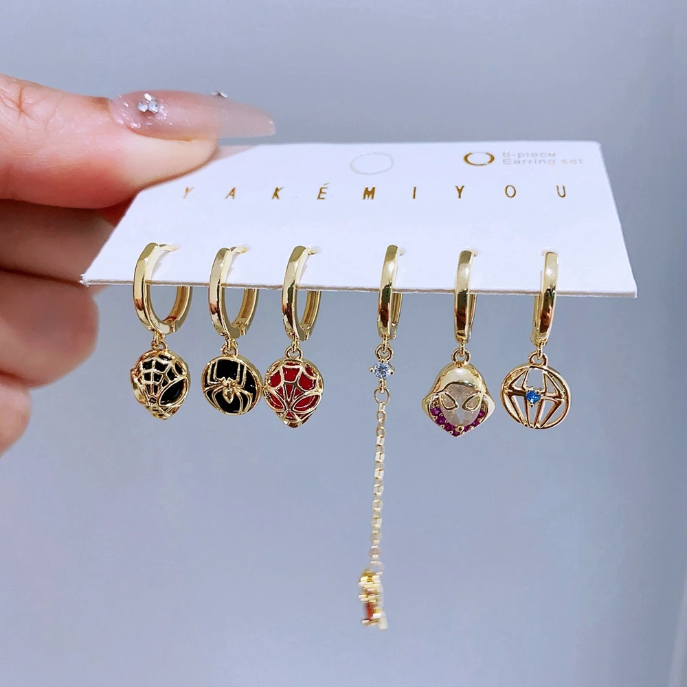 6pcs/set Cool Cubic Zircon Spider Hero Huggie Earrings Gold Color Women Girls Ear Stack Jewelry 4