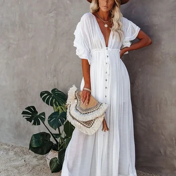 섹시한 비키니 커버업 딥 V넥 긴 화이트 튜닉 캐주얼 여름 비치 드레스, 우아한 여성 의류, 비치웨어 수영복 커버업