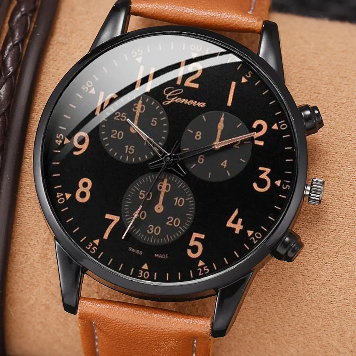 4Pcs/set Men's fashion Trend Brown PU leather quartz watch and bracelet set