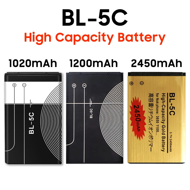 Фото Аккумулятор большой емкости BL5C BL-5C 3,7 V, литиевая батарея для телефона Nokia 1100 1110 1200 1208 1280 2600 2700 3100 3110 5130 6230 №1