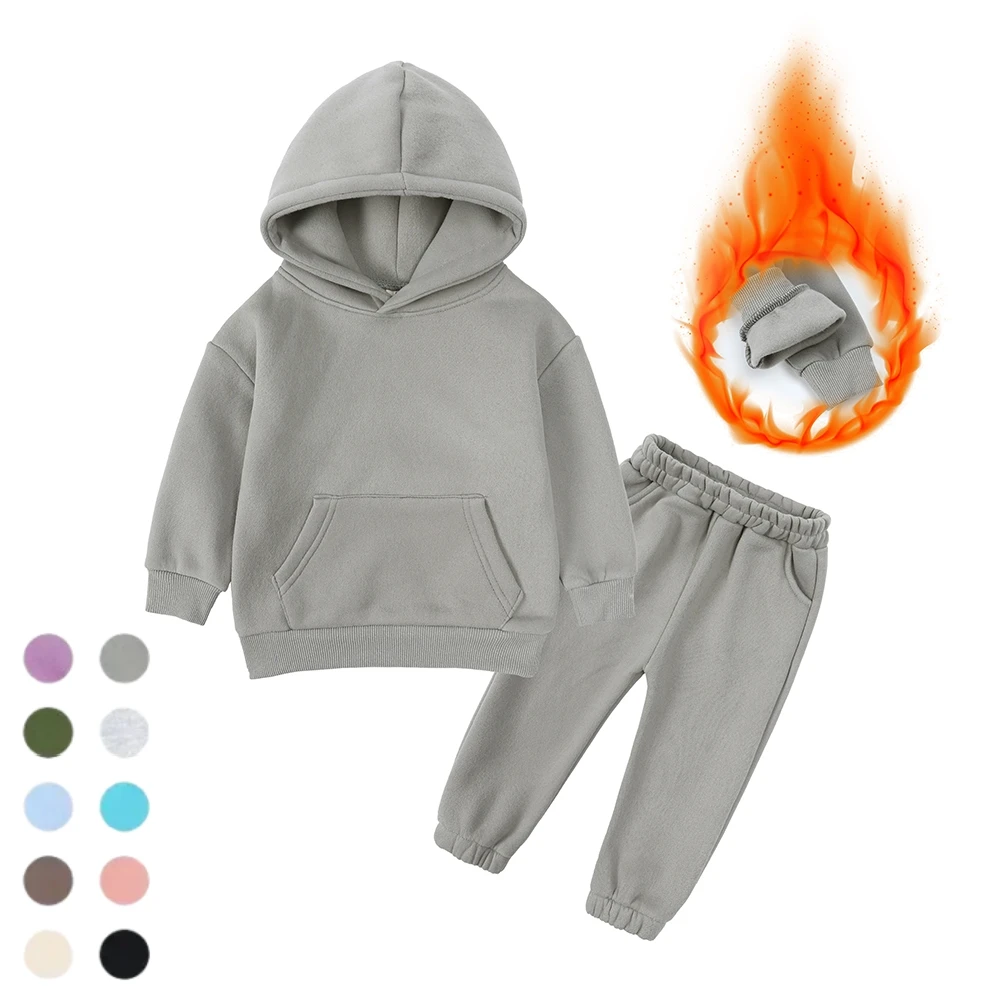 2026 Winter Children Fleece Outfits Toddler Warm Thicken Cotton Solid Hoodies+Pants Tracksuit Kids Boy Girl Sweatsuits Sets