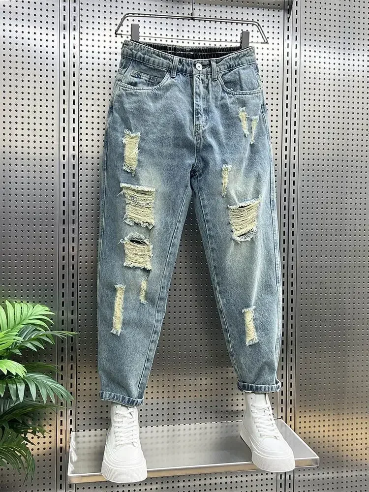 

Men's Jeans with Holes Blue Trousers Torn Broken Ripped Harem Man Cowboy Pants Designer Xs Spring Autumn Casual Denim Grunge Y2k