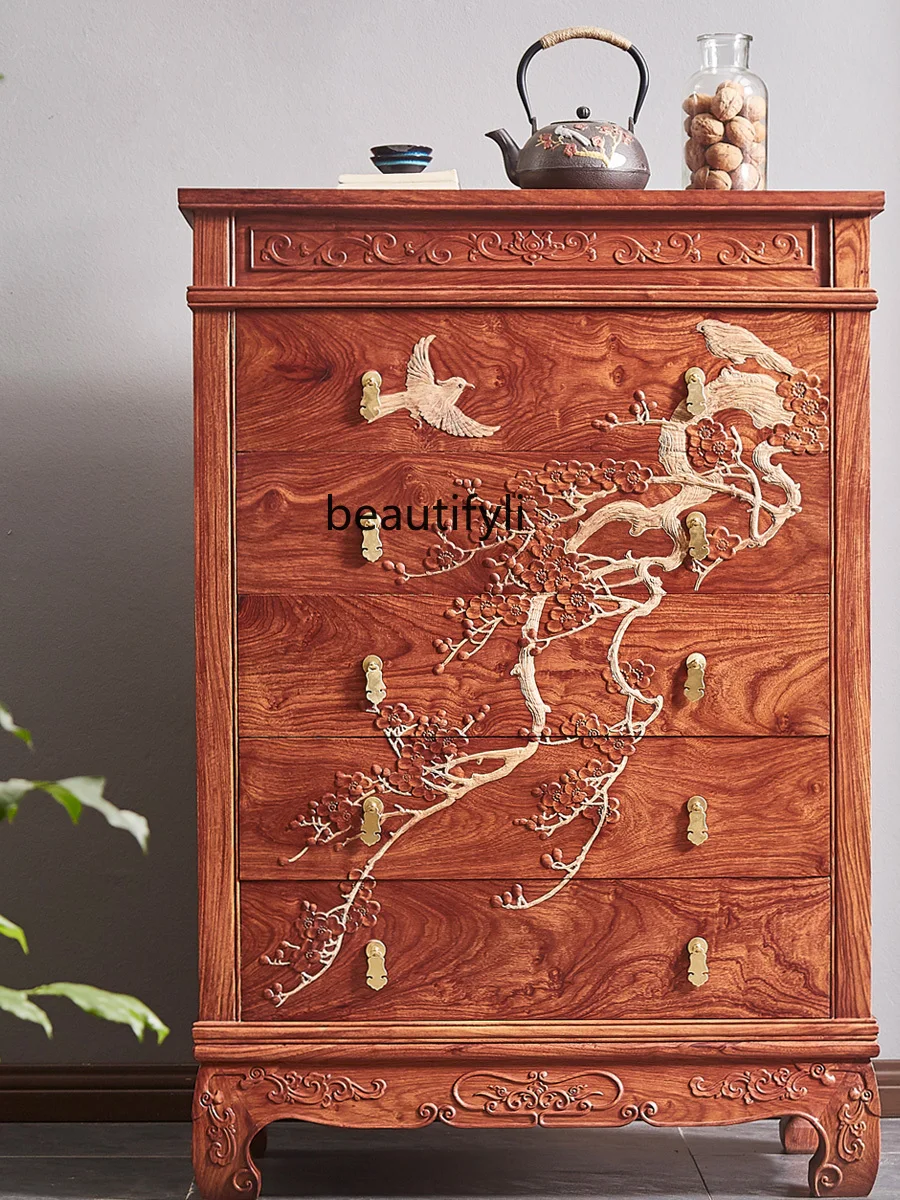 

Rosewood Carved Chest of Drawers Pterocarpus Erinaceus Poir. Rosewood Locker New Chinese Style Solid Wood Sideboard Cabinet