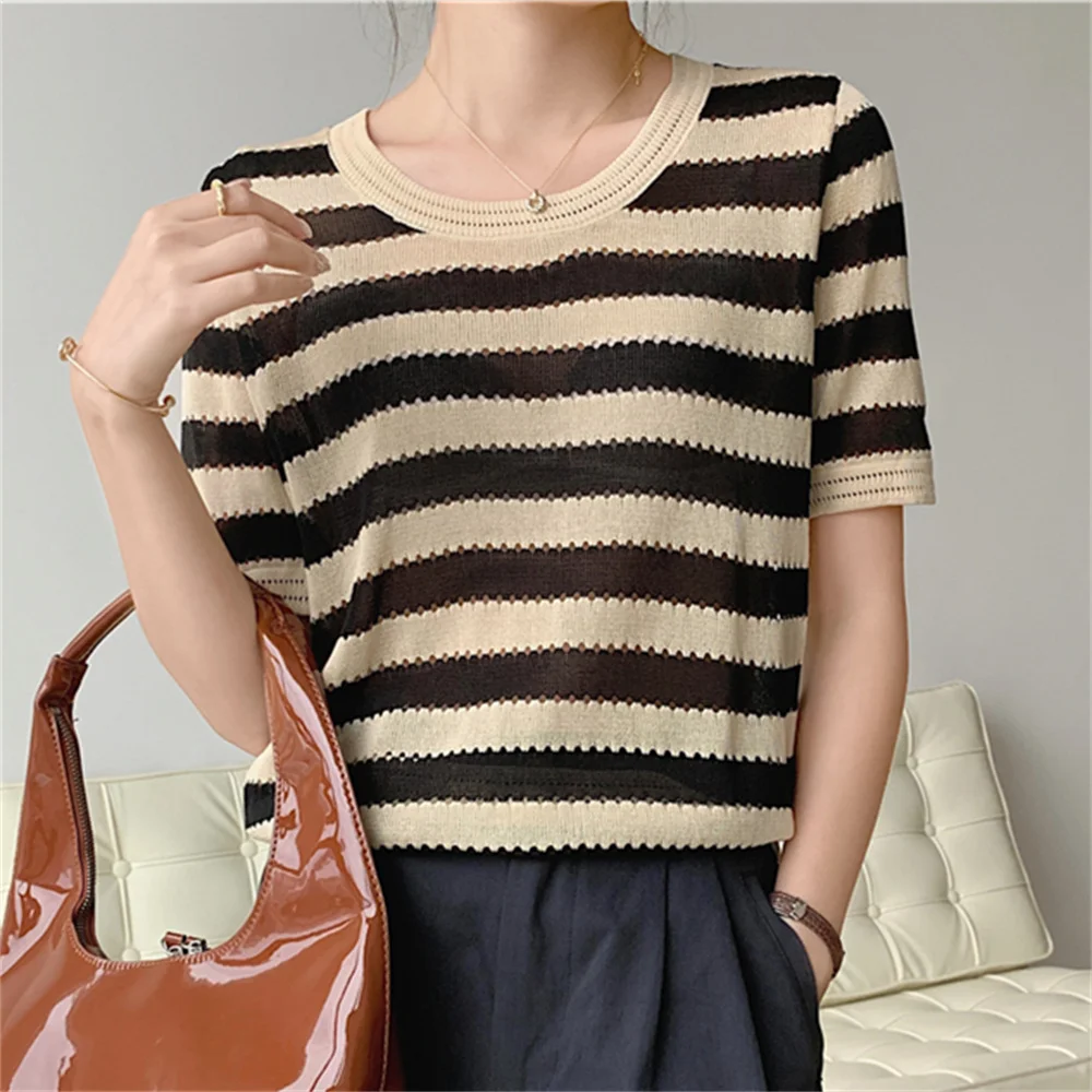 

Alien Kitty Summer Short Sleeve Tees Women Knitted Sweaters Thin 2023 Hollow Out Stripes Pullovers Loose OL Mujer New T-Shirts