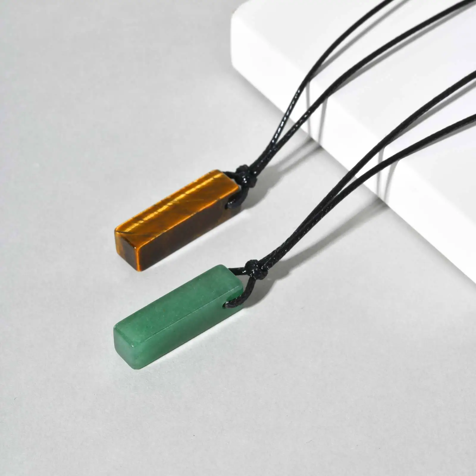 Green Healing Natural Stone Necklace for Men,Cylinder Pendant with Black Leather Long Wax Rope Collar,Sweater Chain Gift