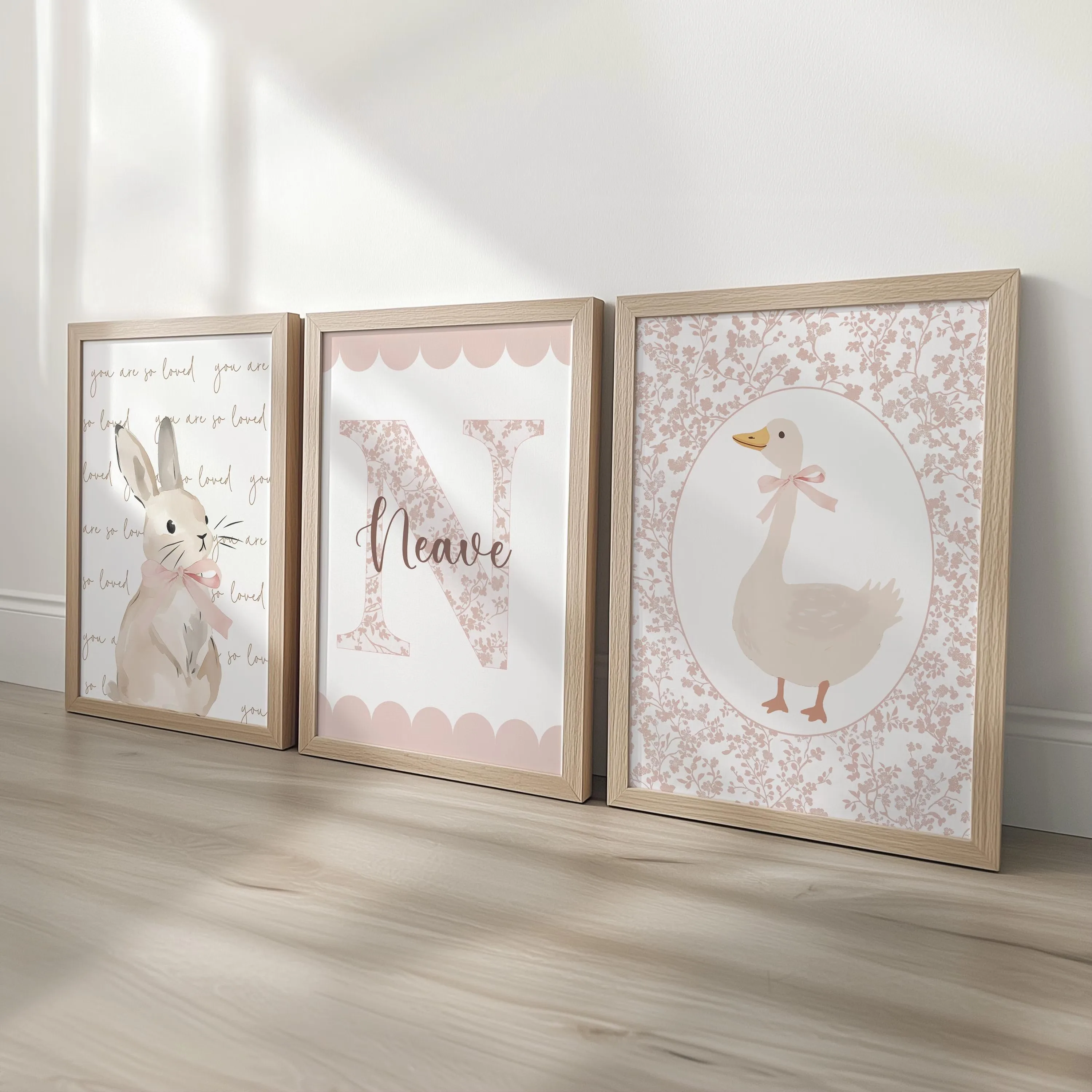 3pcs/set Custom Cartoon Rabbit Goose Name Canvas Print Easter Pink Flower Nursery Wall Art Poster for Baby Girl Room Home Decor 1