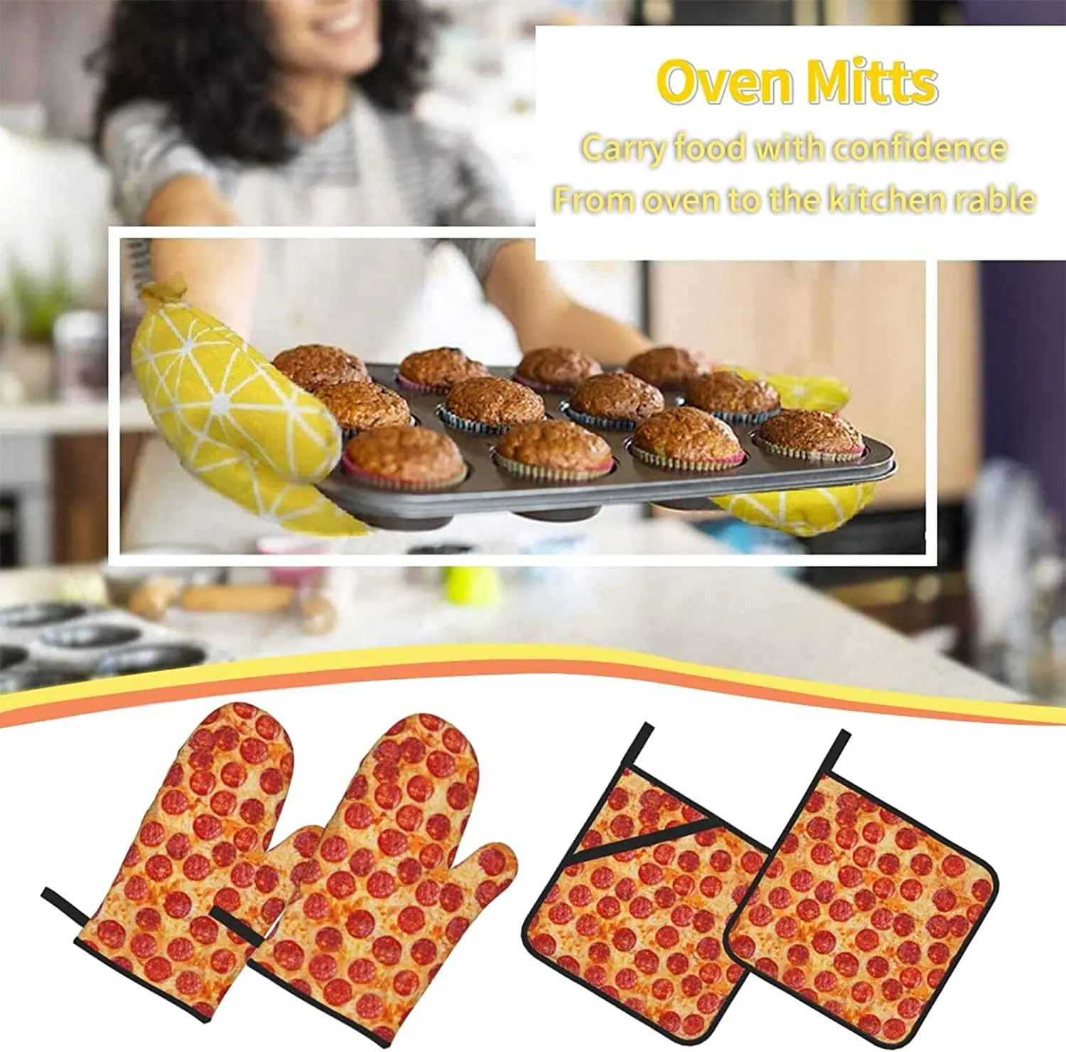 Pizza Funny Oven Mitts and Pot Holders Sets of 4 Heat Resistant Non Slip Kitchen Gloves Hot Pads for Cooking BBQ Baking Grilling