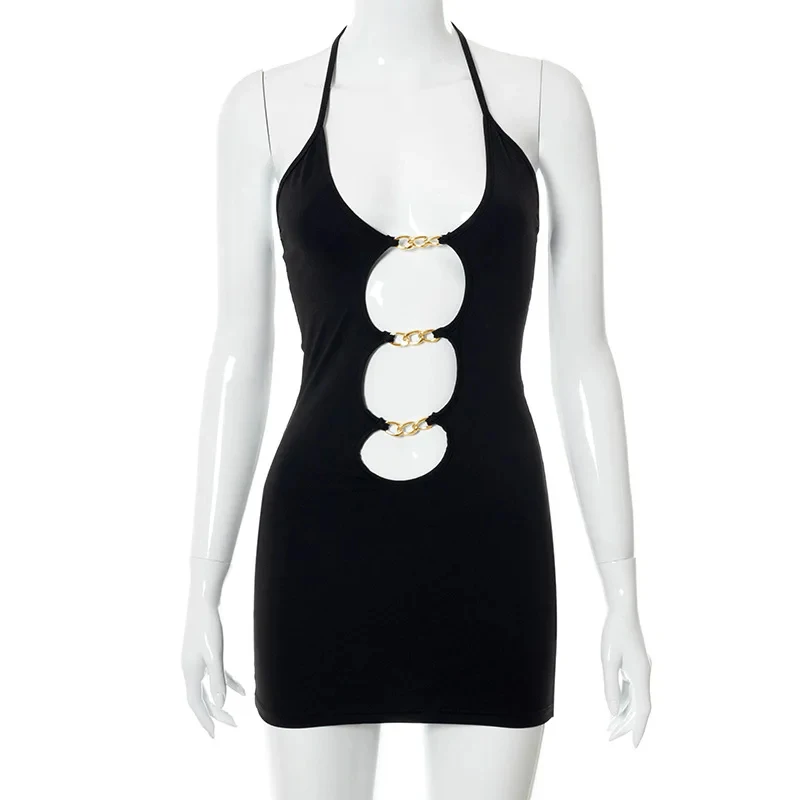 

Halter Sexy Backles Mini Dress Party Club Outfit Solid Cut Out Metal Ring Ties Bodycon Dresses 2022 Summer Chic Harajuku Clothes