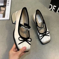 Crystal Bow Mary Jane Shoes Mid Heels Women Chunky Shoes 2025 Elegant Shallow Spring Pumps Shoes Dress Trend De Party Zapatillas 1