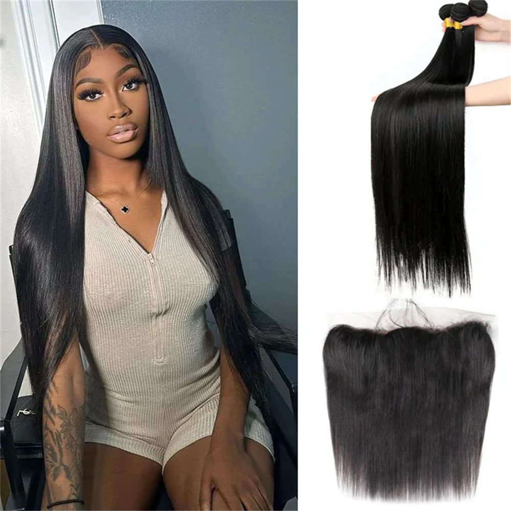 Silky Straight Human Hair Bundles With 13x4 Lace Frontal Brazilian Raw Human Hair Double Drawn Bundles With Closure Frontal