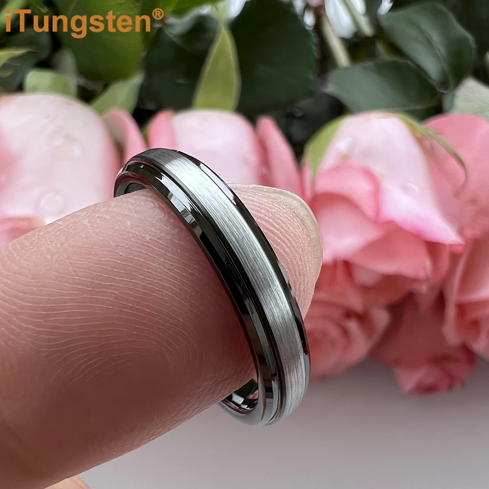 iTungsten 4mm Narrow Width Rings For Women Tungsten Engagement Wedding Band Stepped Beveled Brushed Finish Comfort Fit