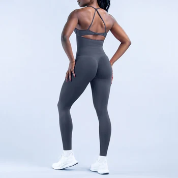Women Cross Straps Sports Top & High Waist Long Pants 2Pcs Set Elastic Breathable Yoga Gym Running Fitness Workout Activewear Su