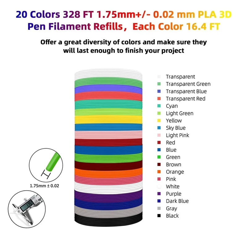 PLA 3 D 펜 필라멘트 리필, 20 색, 1.75mm, 각 색상 16.4Ft, 총 328Ft, MYNT3 D 3 DP 엔스와 호환