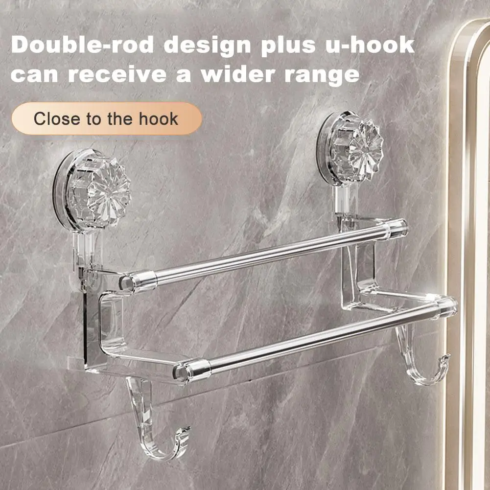 Double Layered Towel Bar with Hook Luxurious Suction Cup Towel Rack Bathroom Hanger Holder Wall Mounted