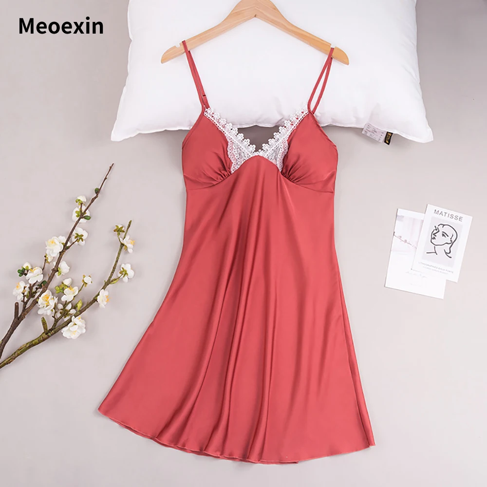 

Summer Lace Deep V-neck Nightwear Pajamas Women Sexy Nightdress Satin Sleeveless Sleepwear Home Dress Comfort Nightgowns New