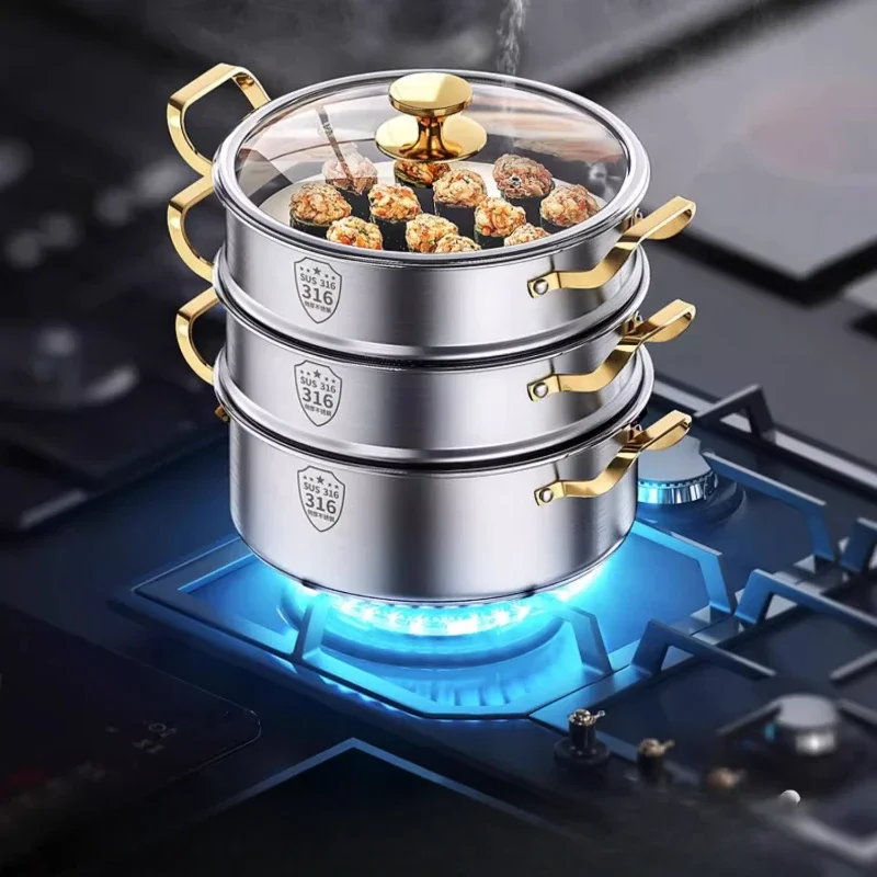 316 Stainless Steel Steamer Household Double Multi-layer Steamer Thickened Integrated Hot Pot Cooking Gas Induction Cooker Pot