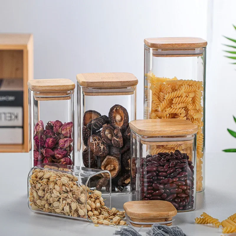 Square bamboo lid sealed transparent glass jar Food tea multi-grain storage jar Coffee storage jar Large capacity spice jar 4