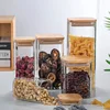 Square bamboo lid sealed transparent glass jar Food tea multi-grain storage jar Coffee storage jar Large capacity spice jar 4