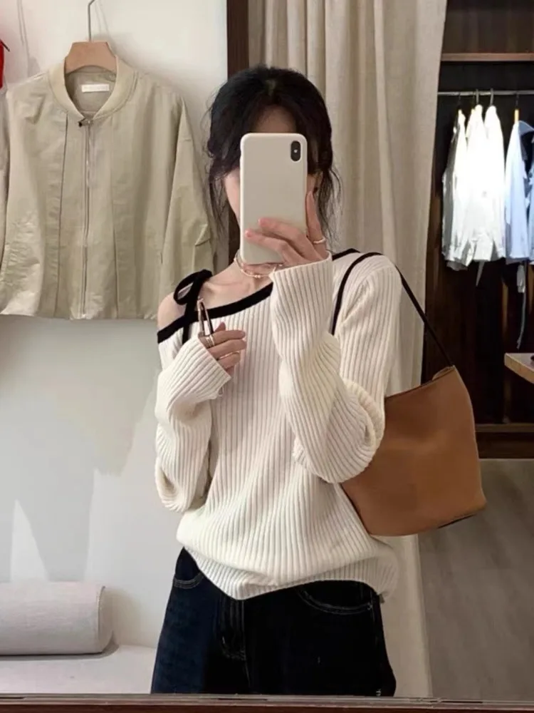 Women Knitted Off Shoulder Sweater Long Sleeve Autumn Top