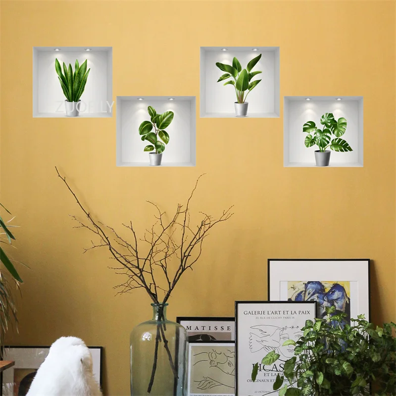 New Creative Simulation Flower Green Plant Potted 3D Wall Stickers Living  Room Study Office Waterproof Decorative Home Stickers