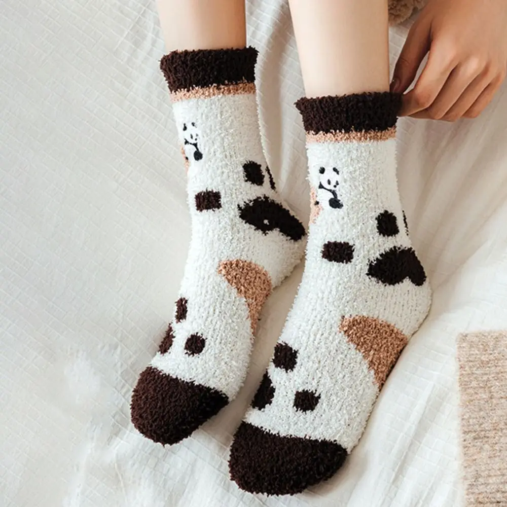 Lady Panda Embroidery Harajuku Style Indoor Thermal Socks Floor Socks Home Sleeping Socks Women Socks Autumn Winter Socks