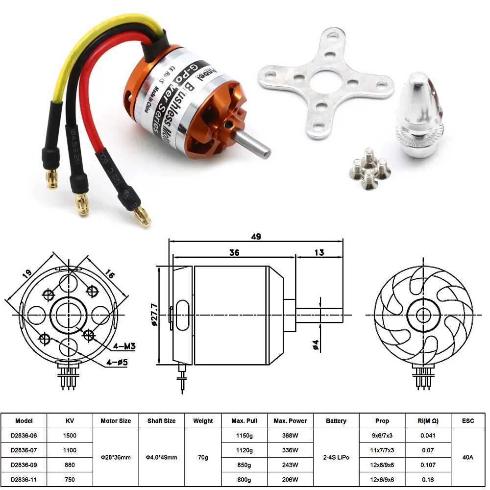 Moteur brushless DYS D2836 1120KV installé sur un bras de drone, hélice attachée.
